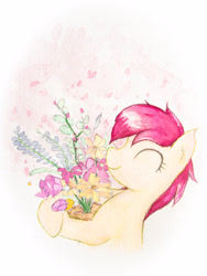 Size: 3024x4032 | Tagged: safe, artist:papersurgery, character:roseluck, species:earth pony, species:pony, bust, eyes closed, female, flower, happy, mare, smiling, solo, traditional art, watercolor painting