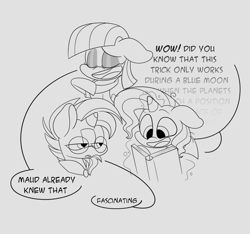 Size: 2048x1915 | Tagged: safe, artist:ryuyo, character:maud pie, character:sunburst, character:trixie, species:earth pony, species:pony, species:unicorn, book, dialogue, glasses, grayscale, magic, monochrome