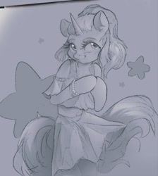 Size: 1079x1203 | Tagged: safe, artist:3-gon, artist:draw3, oc, species:anthro, species:pony, species:unicorn, clothing, cute, female, jewelry, monochrome, short shirt, simple background, skirt, solo