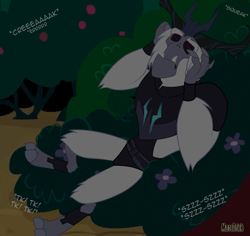 Size: 1240x1171 | Tagged: safe, artist:maretrick, character:storm king, my little pony: the movie (2017), antagonist, armor, bush, claws, crown, eyebrows, eyes closed, fangs, flower, horns, jewelry, night, onomatopoeia, regalia, signature, sound effects, storm king's emblem, tree, yeti