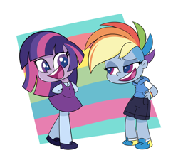 Size: 2048x1899 | Tagged: safe, artist:ryuyo, character:rainbow dash, character:twilight sparkle, species:human, my little pony:equestria girls, my little pony:pony life, duo, humanized, lidded eyes, looking at each other, smiling