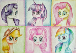 Size: 4454x3155 | Tagged: safe, artist:brilliant-luna, character:applejack, character:fluttershy, character:pinkie pie, character:rainbow dash, character:rarity, character:twilight sparkle, species:pony, bust, female, looking at you, mane six, traditional art