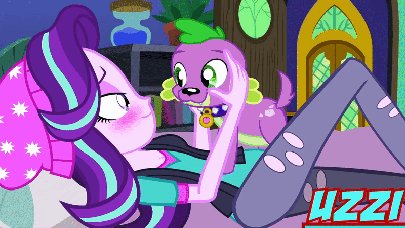 Size: 800x450 | Tagged: safe, artist:uzzi-ponydubberx, character:spike, character:starlight glimmer, character:sunburst, species:dog, ship:sparlight, my little pony:equestria girls, animated, female, gif, interspecies, kissing, male, romantic, shipping, spike the dog, straight, surprised, tail wag