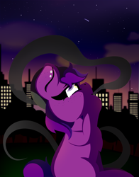 Size: 870x1107 | Tagged: safe, artist:theawkwarddork, oc, oc:nightshade belladonna, species:earth pony, species:pony, city, cityscape, heart eyes, lineless, palindrome get, punk, smoking, solo, sunset, wingding eyes