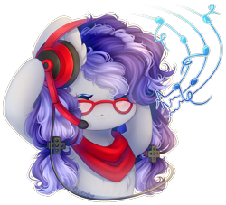 Size: 1641x1492 | Tagged: safe, artist:sweesear, oc, oc only, oc:cinnabyte, species:earth pony, species:pony, adorkable, bandana, chibi, cute, dork, earth pony oc, eyes closed, female, gaming headset, glasses, headset, icon, mare, pigtails, simple background, solo, transparent background