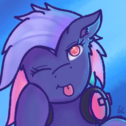 Size: 768x768 | Tagged: safe, artist:legionsunite, oc, oc:bit rate, species:earth pony, species:pony, cute, headphones, one eye closed, signature, simple background, tongue out, wink