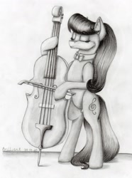 Size: 2264x3041 | Tagged: safe, artist:brilliant-luna, character:octavia melody, species:pony, bow tie, cello, clothing, female, grayscale, monochrome, musical instrument, solo, traditional art