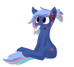 Size: 1440x1296 | Tagged: safe, artist:thekamko, derpibooru original, oc, oc only, oc:bit rate, species:earth pony, species:pony, headphones, silly, simple background, sitting, smiley face, solo, transparent background, wii, wii remote