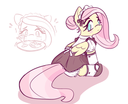 Size: 3425x2789 | Tagged: safe, artist:burgeroise, character:fluttershy, blush sticker, blushing, clothing, cute, female, food, high res, looking at you, looking back, looking back at you, maid, mouth hold, plewds, shyabetes, sitting, socks, solo, sweat, tray