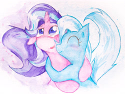 Size: 4032x3024 | Tagged: safe, artist:papersurgery, character:starlight glimmer, character:trixie, species:pony, species:unicorn, ship:startrix, blushing, female, happy, hug, lesbian, looking up, raised tail, shipping, smiling, tail, traditional art, watercolor painting