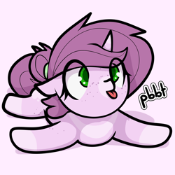 Size: 2316x2316 | Tagged: safe, artist:biepbot, oc, oc only, oc:mulberry tart, species:pony, species:unicorn, cute, female, filly, horn, pbbtt, prone, sploot, tongue out