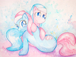 Size: 4032x3024 | Tagged: safe, artist:papersurgery, character:aloe, character:lotus blossom, species:earth pony, species:pony, cute, female, looking at you, looking back, mare, siblings, sisters, sitting, traditional art, watercolor painting