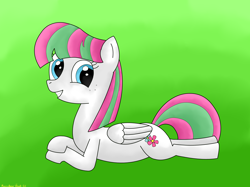 Size: 4032x3016 | Tagged: safe, artist:rainbowšpekgs, character:blossomforth, species:pegasus, species:pony, adoraforth, cute, female, freckles, lying down, mare, prone, simple background, smiling, solo, wings