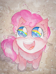 Size: 3024x4032 | Tagged: safe, artist:papersurgery, character:pinkie pie, species:earth pony, species:pony, episode:the cutie mark chronicles, g4, my little pony: friendship is magic, cute, diapinkes, female, filly, filly pinkie pie, happy, looking up, open mouth, rainbow, scene interpretation, sitting, smiling, solo, traditional art, watercolor painting, younger
