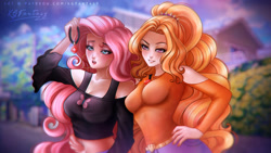 Size: 1200x675 | Tagged: safe, artist:kgfantasy, character:adagio dazzle, character:fluttershy, species:human, belly button, breasts, busty adagio dazzle, busty fluttershy, clothing, commission, female, gem, lesbian, open mouth, shipping, shyagio, siren gem