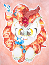 Size: 2932x3909 | Tagged: safe, artist:papersurgery, character:autumn blaze, species:kirin, bust, cloven hooves, female, flower, foal's breath, full face view, kirin day, open mouth, portrait, smiling, solo, traditional art, watercolor painting
