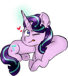 Size: 603x669 | Tagged: safe, artist:honneymoonmlp, derpibooru original, character:starlight glimmer, species:pony, species:unicorn, female, glowing horn, heart, horn, long glimmer, long pony, mare, meme, one eye closed, solo, tongue out, wink