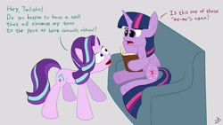 Size: 4096x2304 | Tagged: safe, artist:sheeppony, character:starlight glimmer, character:twilight sparkle, character:twilight sparkle (alicorn), species:alicorn, species:pony, species:unicorn, book, couch, dialogue, long glimmer, meme