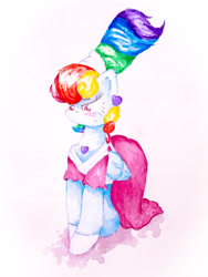 Size: 3024x4032 | Tagged: safe, artist:papersurgery, character:rainbow dash, species:pegasus, species:pony, accessories, alternate hairstyle, blushing, clothing, dress, ear fluff, female, mare, megaradash, rainbow dash always dresses in style, solo, traditional art, watercolor painting