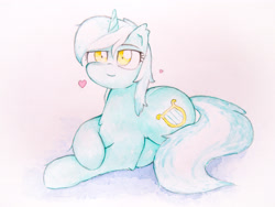 Size: 4032x3024 | Tagged: safe, artist:papersurgery, character:lyra heartstrings, species:pony, species:unicorn, ear fluff, female, heart, looking at you, sitting, solo, traditional art, watercolor painting