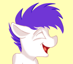 Size: 765x663 | Tagged: safe, artist:isaac_pony, oc, oc only, oc:isaac pony, species:earth pony, species:pony, blue mane, eyes closed, floppy ears, male, simple background, smiling, solo, stallion, yellow background