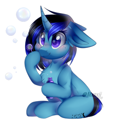 Size: 1434x1472 | Tagged: safe, artist:mxnxii, oc, oc only, oc:lunar fury, species:pony, species:unicorn, blowing bubbles, blushing, chest fluff, female, floppy ears, mare, simple background, solo, transparent background