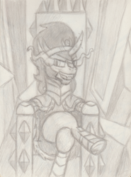 Size: 1700x2300 | Tagged: safe, artist:vadytwy, character:king sombra, species:pony, species:unicorn, antagonist, armor, black and white, cloak, clothing, crossed hooves, evil grin, grayscale, grin, male, monochrome, smiling, solo, throne, traditional art