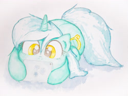 Size: 4032x3024 | Tagged: safe, artist:papersurgery, character:lyra heartstrings, species:pony, species:unicorn, cute, female, looking down, lyrabetes, mare, sitting, solo, traditional art, watercolor painting