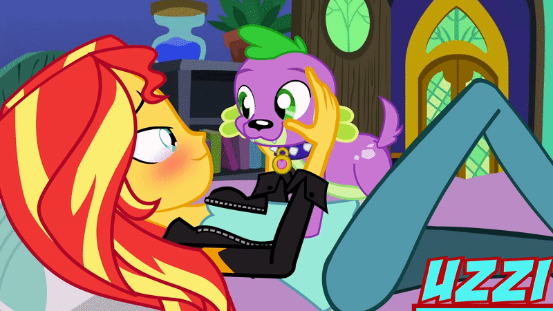 Size: 800x450 | Tagged: safe, artist:uzzi-ponydubberx, character:flash sentry, character:spike, character:sunset shimmer, species:dog, ship:sunsetspike, my little pony:equestria girls, animated, bestiality, caught, clothing, female, interspecies, jacket, kissing, leather jacket, male, shipping, spike the dog, straight