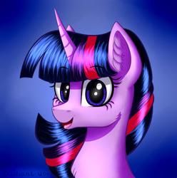 Size: 2970x3000 | Tagged: safe, artist:brilliant-luna, character:twilight sparkle, species:pony, blue background, bust, cheek fluff, chest fluff, cute, female, high res, looking at you, open mouth, portrait, simple background, smiling, solo, twiabetes, wrong eye color