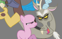 Size: 1143x720 | Tagged: safe, artist:bronybase, character:discord, oc, species:draconequus, species:earth pony, species:pony, episode:the return of harmony, g4, my little pony: friendship is magic, base, earth pony oc, fangs, frown, gray background, looking at each other, open mouth, raised hoof, simple background, suspicious