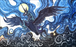 Size: 1351x850 | Tagged: safe, artist:kiriska, character:nightmare moon, character:princess luna, armor, daily deviation, epic, ethereal mane, female, flying, full moon, glowing eyes, moon, open mouth, realistic, sharp horn, solo, spread wings, traditional art, wings