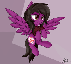 Size: 3000x2700 | Tagged: safe, artist:starmaster, species:pegasus, species:pony, abstract background, clothing, commission, flying, hair over one eye, lidded eyes, male, nose piercing, pierce the veil, piercing, ponified, shirt, solo, spread wings, stallion, t-shirt, vic fuentes, wings, ych result