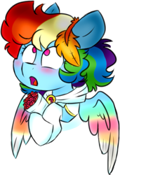 Size: 527x634 | Tagged: safe, artist:honneymoonmlp, derpibooru original, character:rainbow dash, species:pegasus, species:pony, blushing, bouquet, clothing, colored wings, cute, dashabetes, flower, gloves, leaf, multicolored wings, rainbow dash always dresses in style, simple background, white background, wings