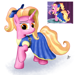 Size: 2471x2456 | Tagged: safe, artist:sheeppony, gameloft, character:luster dawn, species:pony, species:unicorn, alternate costumes, bow, clothing, dress, female, gameloft interpretation, mare, screencap reference