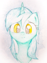 Size: 3024x4032 | Tagged: safe, artist:papersurgery, character:lyra heartstrings, species:pony, species:unicorn, bust, female, looking at you, mare, smiling, solo, traditional art, watercolor painting