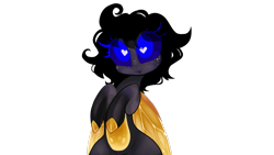 Size: 1280x720 | Tagged: safe, artist:minty--fresh, oc, oc only, species:changeling, bee pony, big eyes, changeling oc, curly hair, eye clipping through hair, original species, simple background, solo, transparent background, wingding eyes, yellow changeling