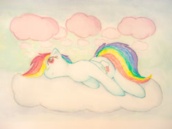 Size: 4032x3024 | Tagged: safe, artist:papersurgery, character:rainbow dash, species:pegasus, species:pony, apathy, backwards cutie mark, bored, cloud, female, looking up, lying down, mare, solo, traditional art, watercolor painting