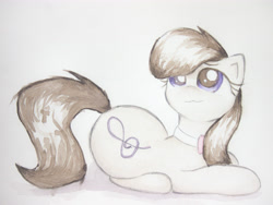 Size: 4032x3024 | Tagged: safe, artist:papersurgery, character:octavia melody, species:earth pony, species:pony, female, looking up, mare, prone, ribbon, sitting, solo, traditional art, watercolor painting