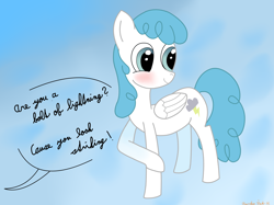 Size: 4032x3016 | Tagged: safe, artist:rainbowšpekgs, character:white lightning, species:pegasus, species:pony, cute, dialogue, female, pick up line, pun, simple background, smiling, solo, speech bubble, standing, wings