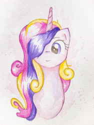 Size: 3024x4032 | Tagged: safe, artist:papersurgery, character:princess cadance, species:alicorn, species:pony, bust, female, looking at you, mare, smiling, solo, traditional art, watercolor painting