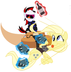 Size: 811x825 | Tagged: safe, artist:dotrook, oc, oc only, oc:blackjack, oc:psychoshy, species:pegasus, species:pony, species:unicorn, fallout equestria, fallout equestria: project horizons, alcohol, cello, derp, fanfic art, implied octavia, musical instrument, nose in the air, power hoof, simple background, transparent background, vault security armor, whiskey