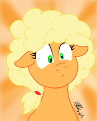 Size: 640x800 | Tagged: safe, artist:the_gneech, character:applejack, species:earth pony, species:pony, abstract background, afro, afrojack, alternate hairstyle, female, floppy ears, mare, solo, wide eyes