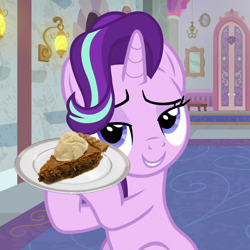Size: 860x860 | Tagged: safe, artist:burgeroise, edit, edited screencap, screencap, character:starlight glimmer, species:pony, species:unicorn, episode:a horse shoe-in, g4, my little pony: friendship is magic, cropped, food, lidded eyes, photo, pie, plate
