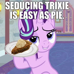 Size: 860x860 | Tagged: safe, artist:burgeroise, edit, edited screencap, editor:useraccount, screencap, character:starlight glimmer, character:trixie, species:pony, species:unicorn, ship:startrix, episode:a horse shoe-in, g4, my little pony: friendship is magic, bedroom eyes, cropped, easy as pie, edited edit, female, food, implied lesbian, implied shipping, implied startrix, lesbian, lidded eyes, photo, pie, plate, seduction, shipping
