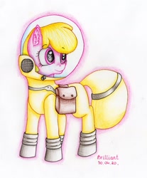 Size: 1773x2140 | Tagged: safe, artist:brilliant-luna, oc, oc only, oc:puppysmiles, species:pony, fallout equestria, bag, ear fluff, fallout equestria: pink eyes, fanfic art, female, filly, hazmat suit, saddle bag, simple background, smiling, solo, traditional art, white background