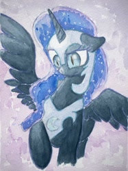Size: 1280x1707 | Tagged: safe, artist:papersurgery, character:nightmare moon, character:princess luna, species:pony, species:unicorn, ethereal mane, female, jewelry, looking down, mare, regalia, solo, spread wings, traditional art, watercolor painting, wings