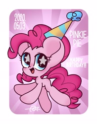 Size: 1602x2048 | Tagged: safe, artist:oc_ponys, character:pinkie pie, species:earth pony, species:pony, abstract background, birthday, chibi, clothing, cute, diapinkes, female, happy birthday, hat, mare, open mouth, party hat, pinkie pie's birthday, solo, starry eyes, wingding eyes