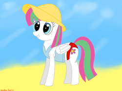 Size: 4032x3016 | Tagged: safe, artist:rainbowšpekgs, character:blossomforth, species:pegasus, species:pony, adoraforth, beach, beach hat, clothing, cute, female, happy, hat, ocean, sand, smiling, solo, standing, swimsuit, top