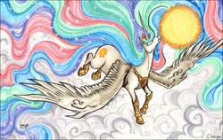 Size: 1346x850 | Tagged: safe, artist:kiriska, character:princess celestia, species:alicorn, species:pony, blank eyes, cloud, cloudy, ethereal mane, female, glowing eyes, hoof shoes, mare, peytral, solo, spread wings, sun, traditional art, wings